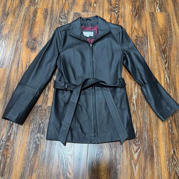 Women's Size S Black Leather Jacket Zip / Tie Front Coat Small Croft & Barrow - Picture 1 of 7
